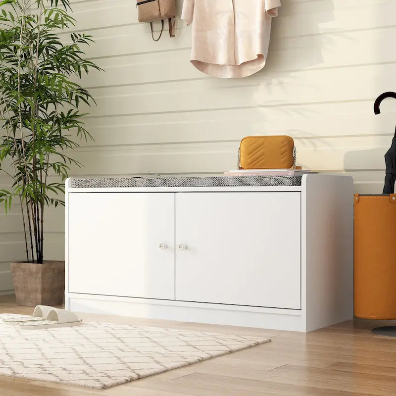 Shoe Storage Bench Storage Entryway Bench Door Cabinet Cushioned