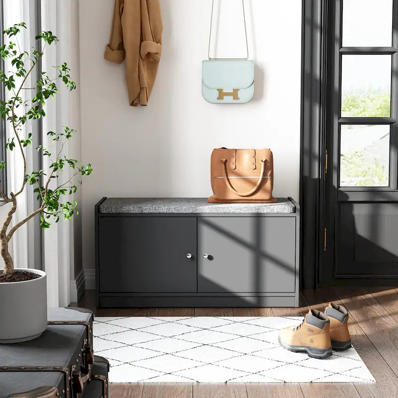 Shoe Storage Bench Storage Entryway Bench Door Cabinet Cushioned