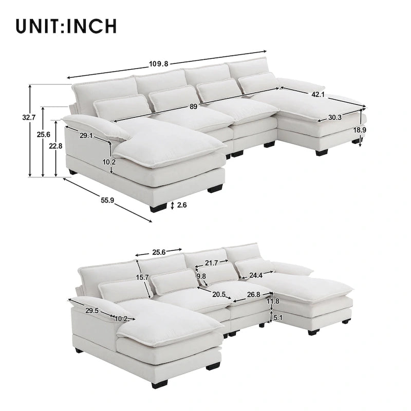 [VIDEO provided][New]109.8*55.9 Modern U-shaped Sectional Sofa with Waist Pillows,6-seat Upholstered Symmetrical Sofa Furniture