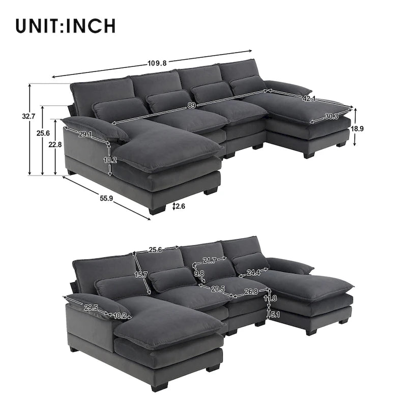 [VIDEO provided][New]109.8*55.9 Modern U-shaped Sectional Sofa with Waist Pillows,6-seat Upholstered Symmetrical Sofa Furniture