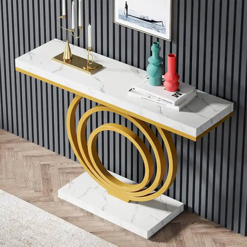41-Inch Gold Entryway Table, Modern Console Table Accent Table for Living Room, Hallway, Entrance, Faux Marble Veener Top