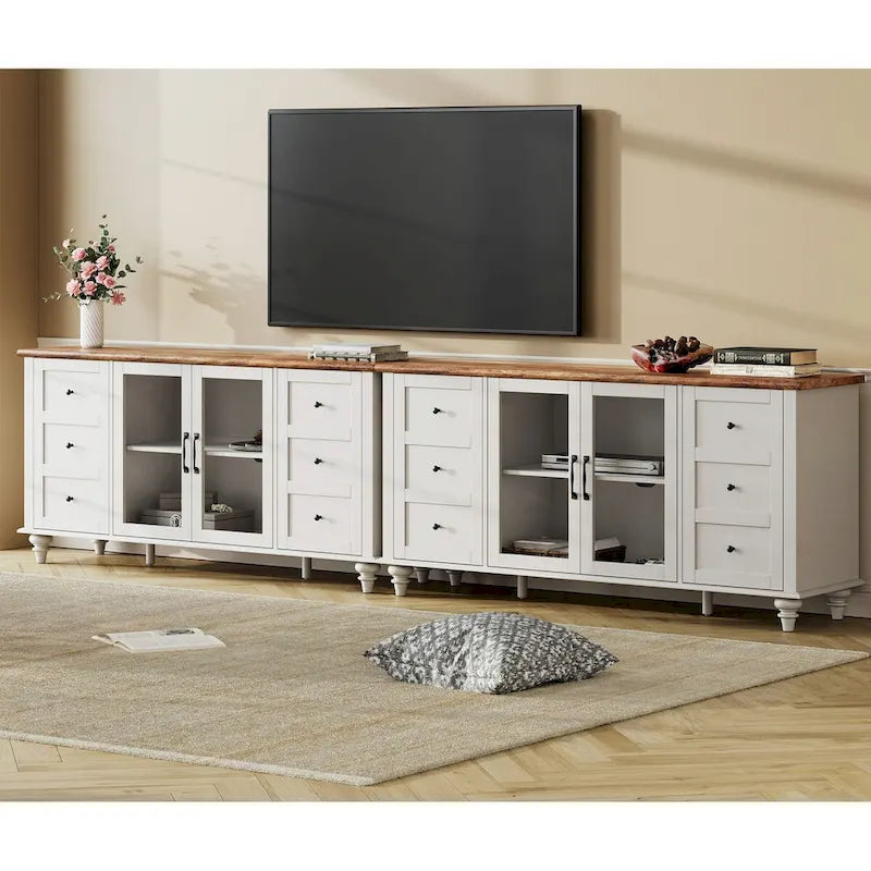 WAMPAT Farmhouse Glass Door TV Stand for up to 110 TVs, Modern Entertainment Center with Storage