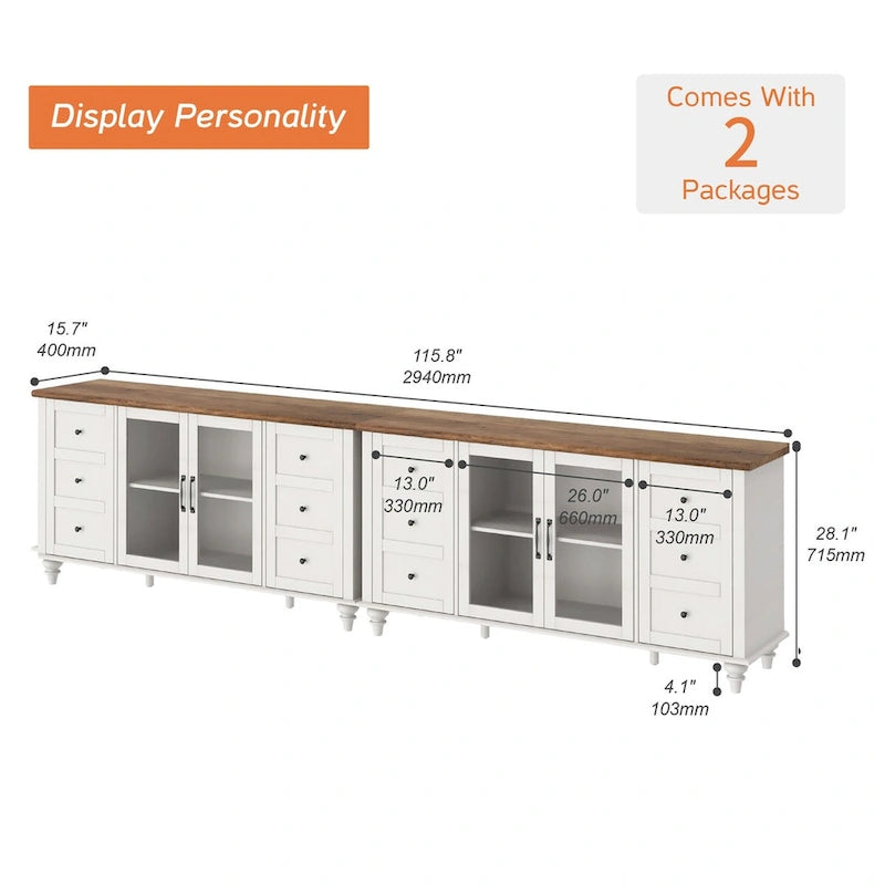 WAMPAT Farmhouse Glass Door TV Stand for up to 110 TVs, Modern Entertainment Center with Storage