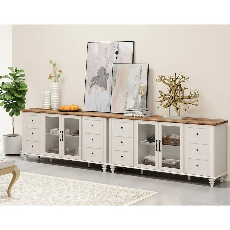 WAMPAT Farmhouse Glass Door TV Stand for up to 110 TVs, Modern Entertainment Center with Storage