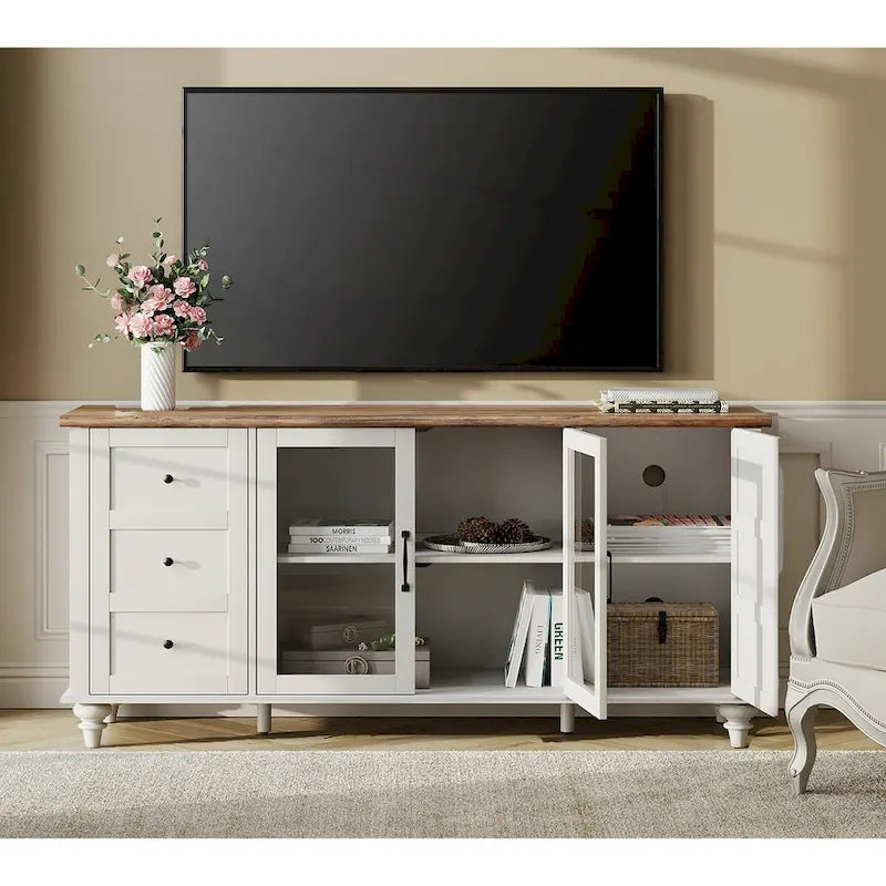 WAMPAT Farmhouse Glass Door TV Stand for up to 110 TVs, Modern Entertainment Center with Storage