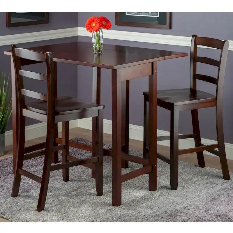 3-Pc Drop Leaf Table with Ladder-back Counter Stools, Walnut
