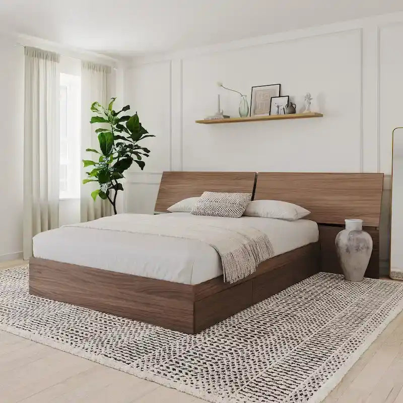 Nexera Storage Bed with Headboard, Walnut