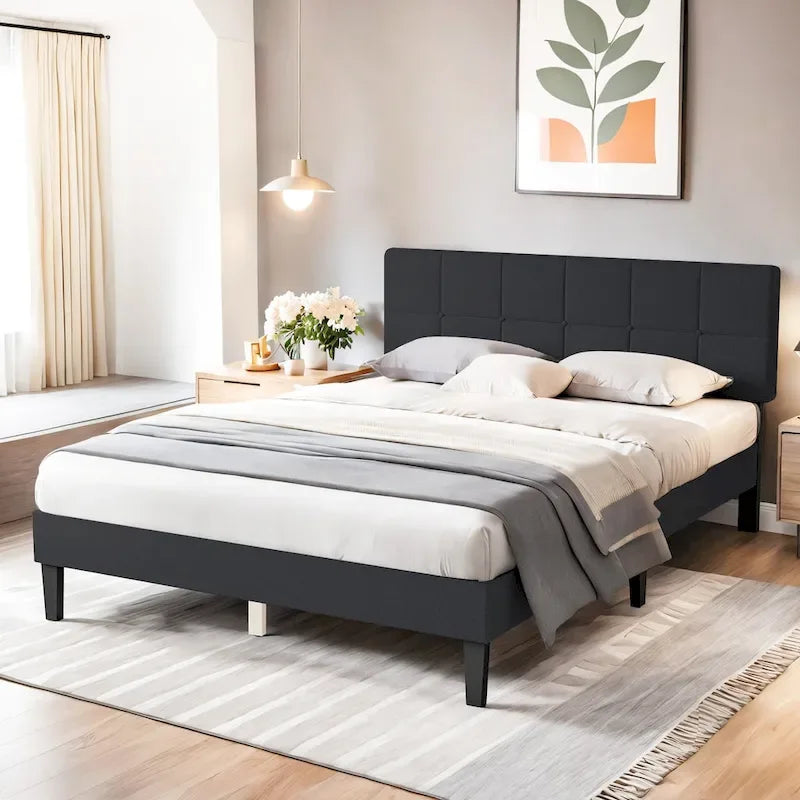 Bed Frame, Modern Platform Bed Frame with Adjustable Headboard, Geometric Upholstered Bed Frame 800LBS Sturdy Solid Wooden Slats