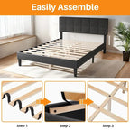 Bed Frame, Modern Platform Bed Frame with Adjustable Headboard, Geometric Upholstered Bed Frame 800LBS Sturdy Solid Wooden Slats