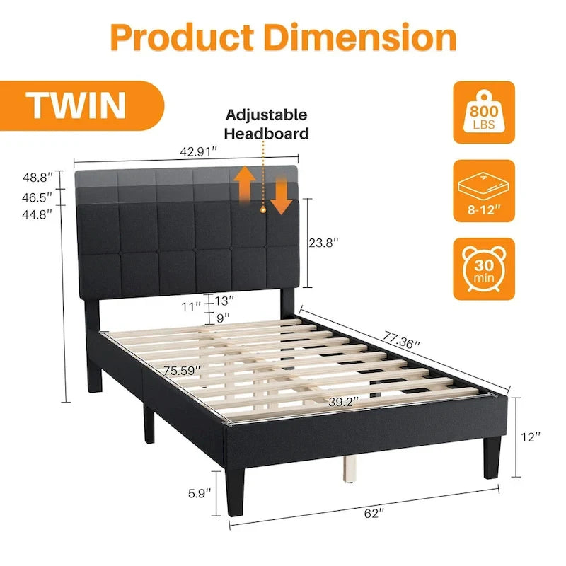 Bed Frame, Modern Platform Bed Frame with Adjustable Headboard, Geometric Upholstered Bed Frame 800LBS Sturdy Solid Wooden Slats