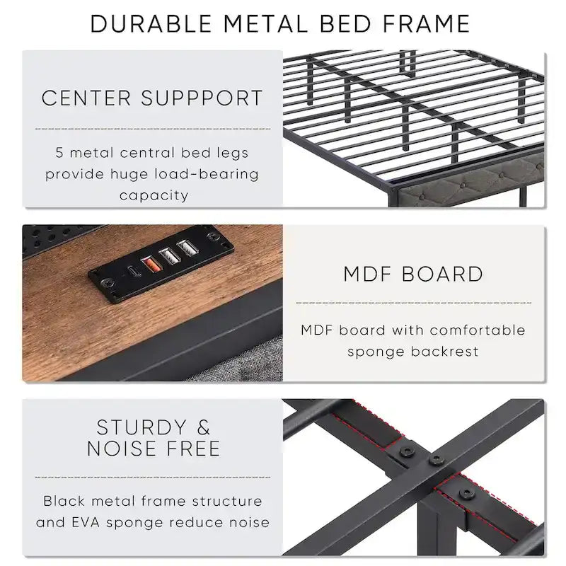 Full Bed Frame with Charging Station and LED Lights, Upholstered Platform Bed with Heavy Metal Slats, No Box Spring Needed