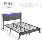 Full Bed Frame with Charging Station and LED Lights, Upholstered Platform Bed with Heavy Metal Slats, No Box Spring Needed