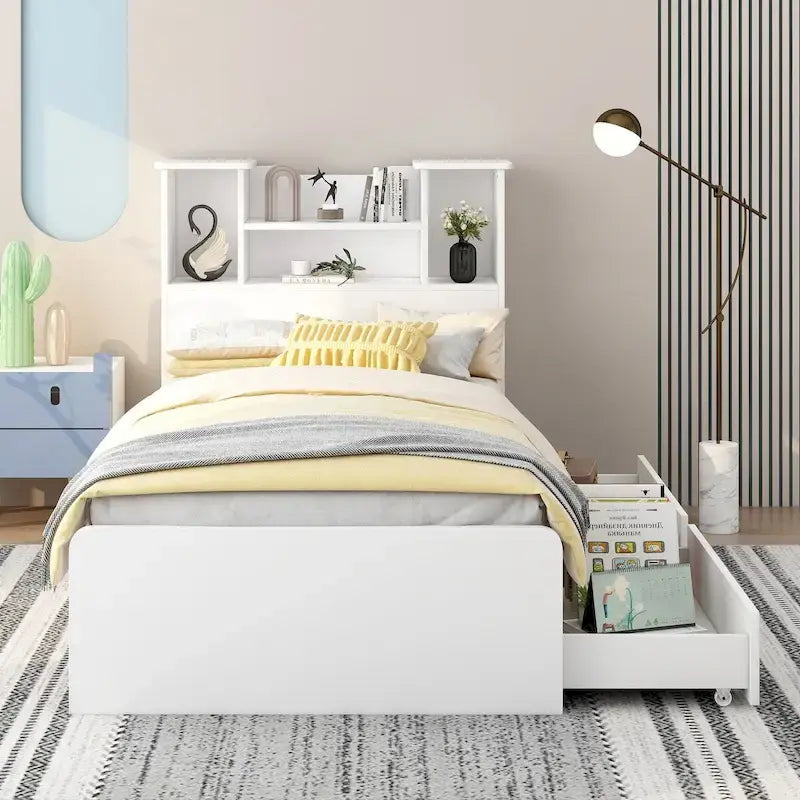 Twin Size Storage Platform Bed Frame with Shelves and Drawers