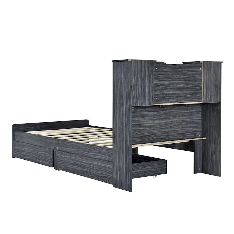 Twin Size Storage Platform Bed Frame with Shelves and Drawers