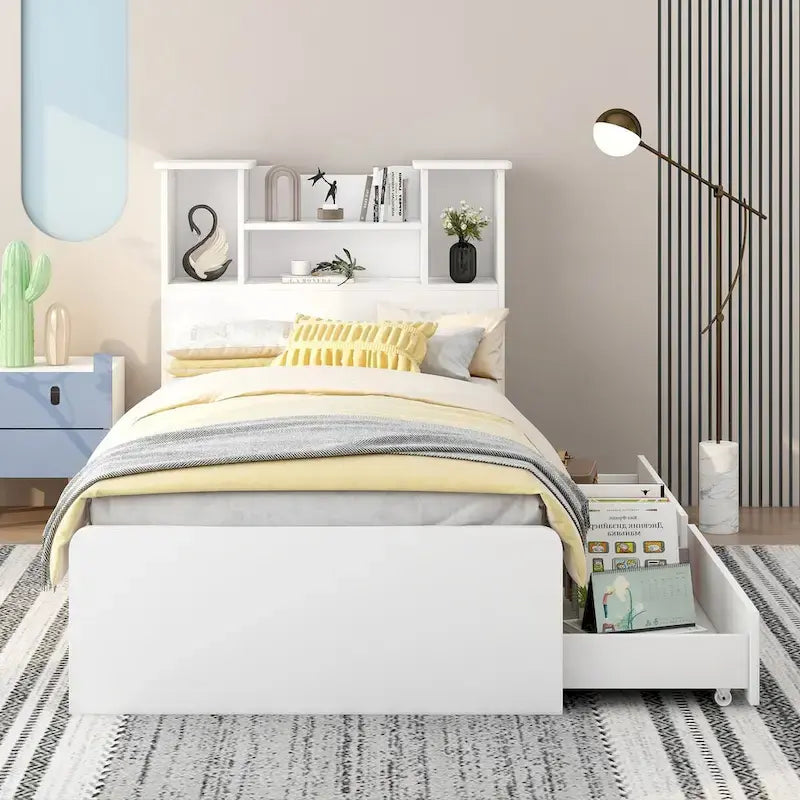 Twin Size Storage Platform Bed Frame with Shelves and Drawers