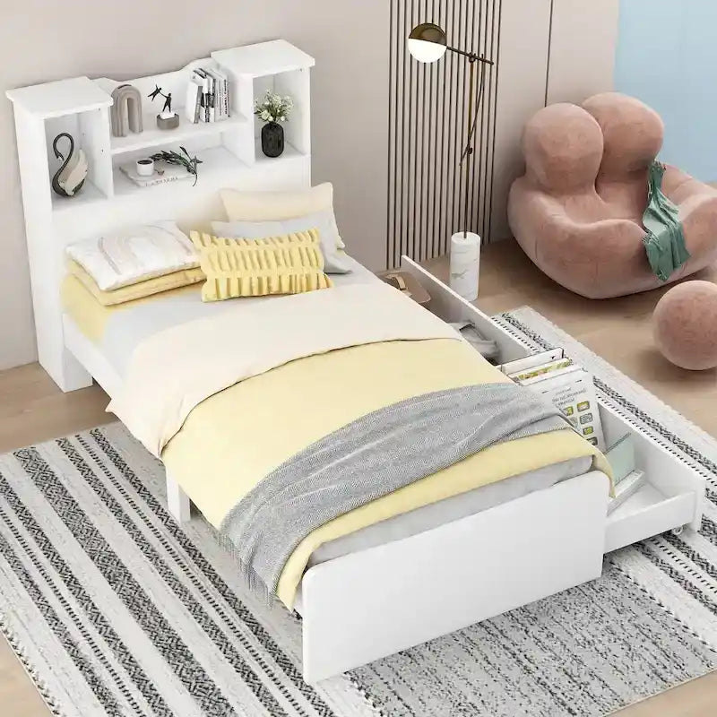 Twin Size Storage Platform Bed Frame with Shelves and Drawers