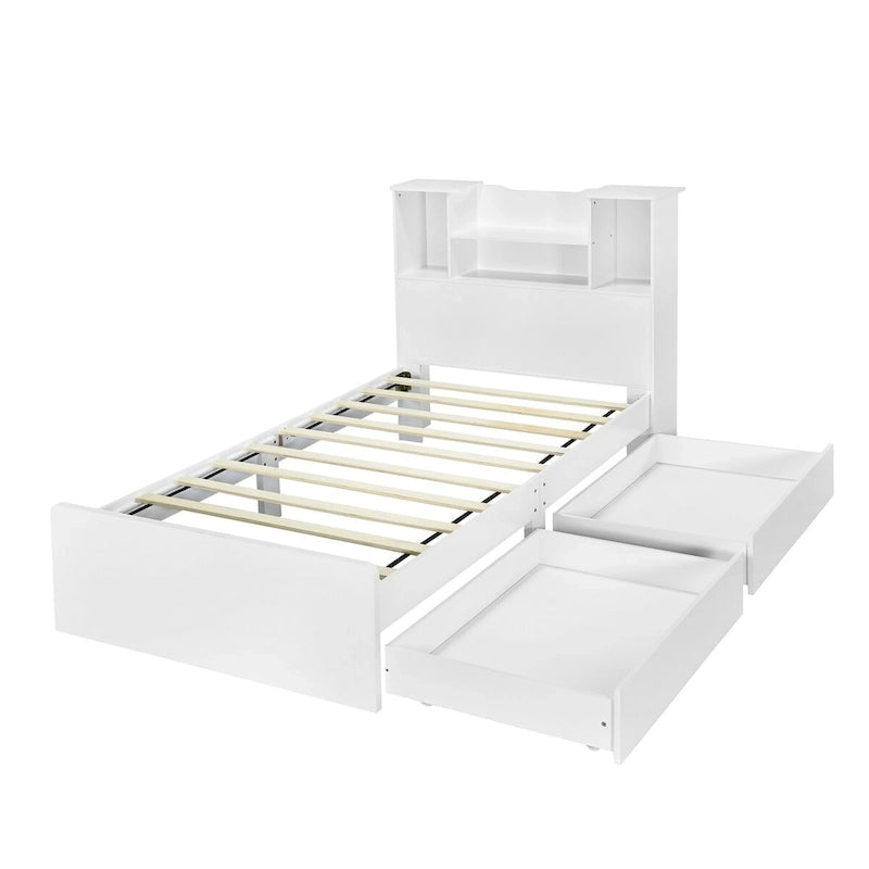 Twin Size Storage Platform Bed Frame with Shelves and Drawers