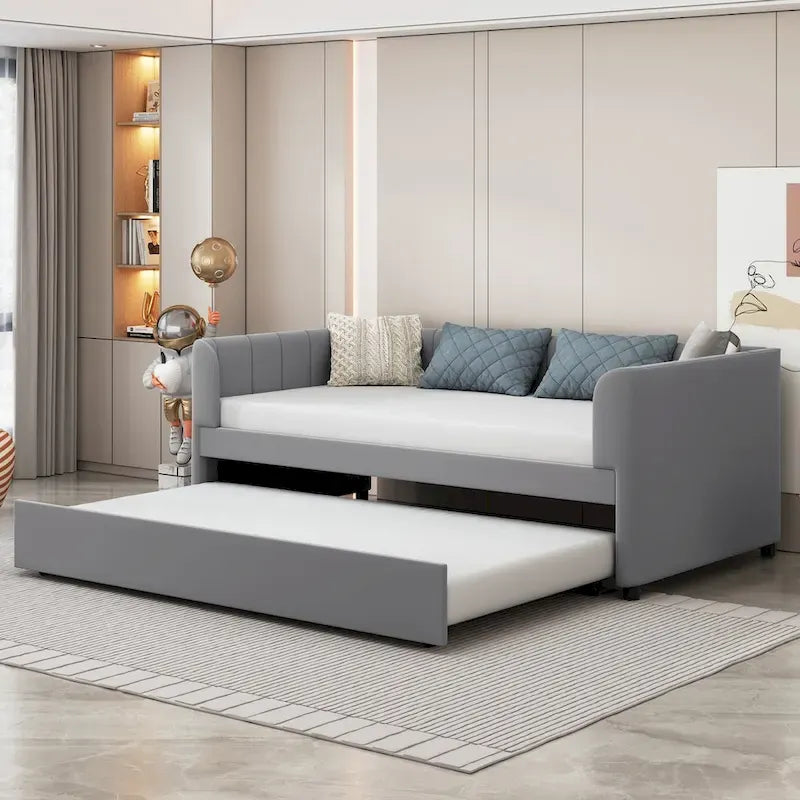 Twin Size Upholstered Daybed with Ergonomic Design Backrest and Trundle