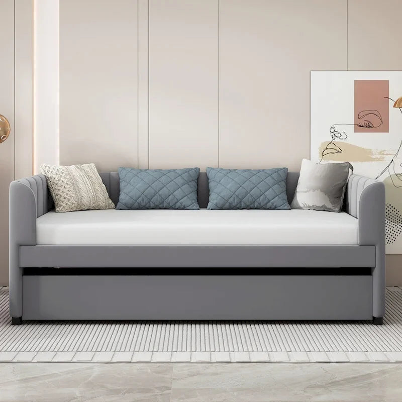Twin Size Upholstered Daybed with Ergonomic Design Backrest and Trundle