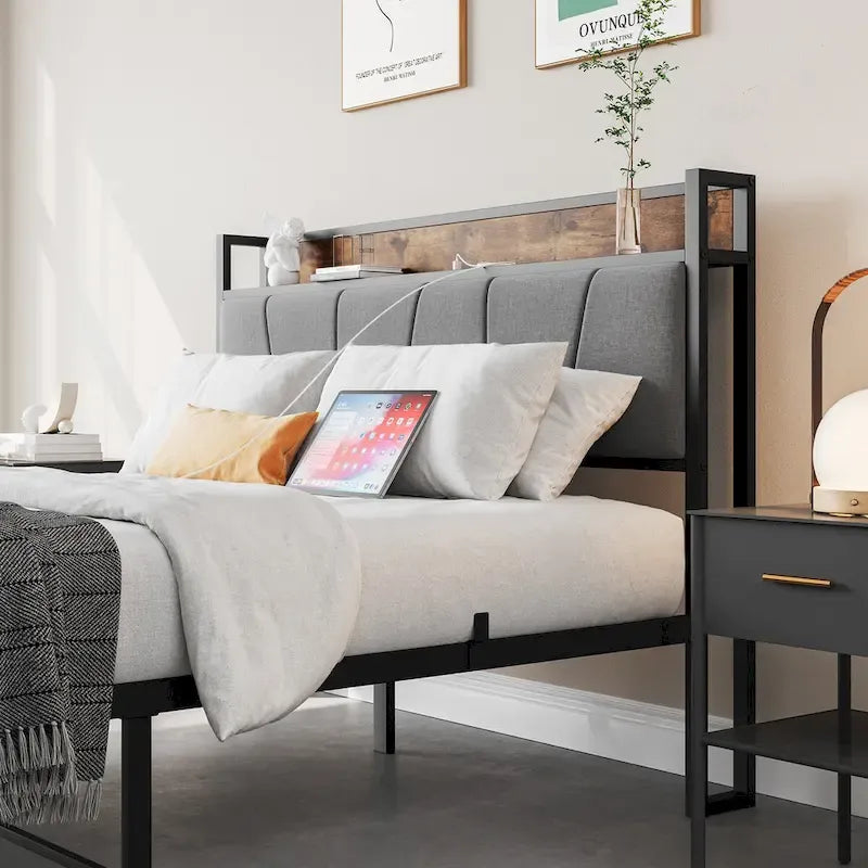 Storage Headboard Metal Bed Frame with 2 Drawers