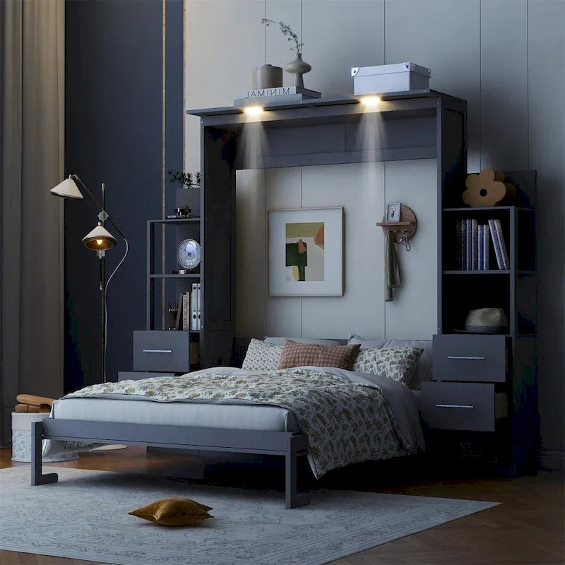Merax Murphy Bed Wall Bed with Shelves, Drawers and LED Lights