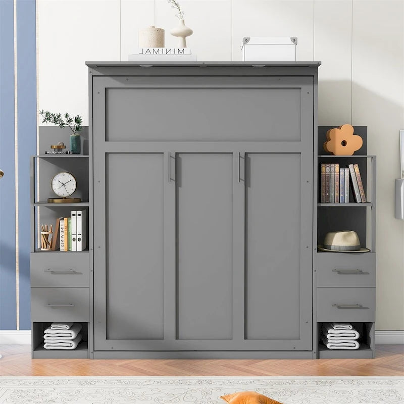 Merax Murphy Bed Wall Bed with Shelves, Drawers and LED Lights