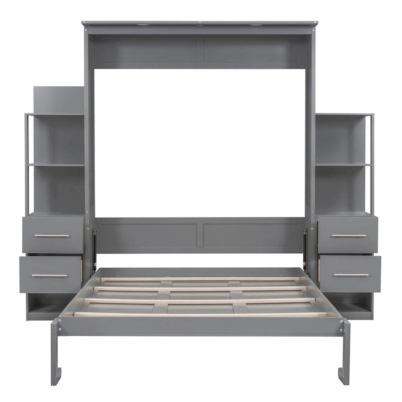 Merax Murphy Bed Wall Bed with Shelves, Drawers and LED Lights