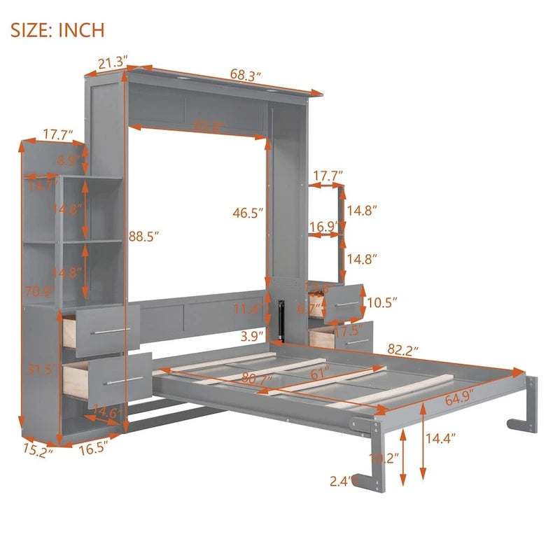 Merax Murphy Bed Wall Bed with Shelves, Drawers and LED Lights