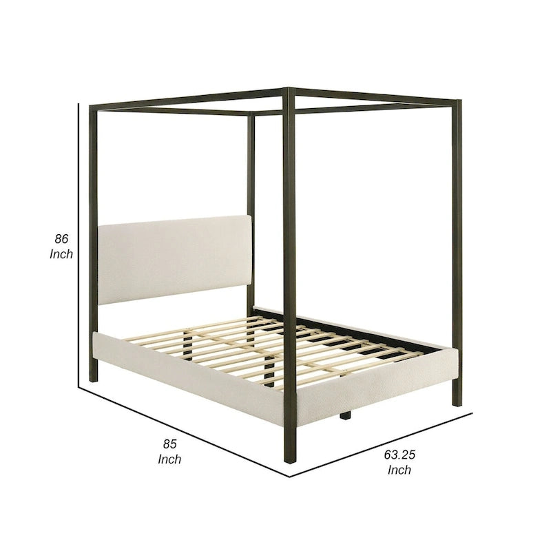 Rey Queen Size Canopy Bed, Padded Headboard, 4 Post Frame, Ivory Upholstery