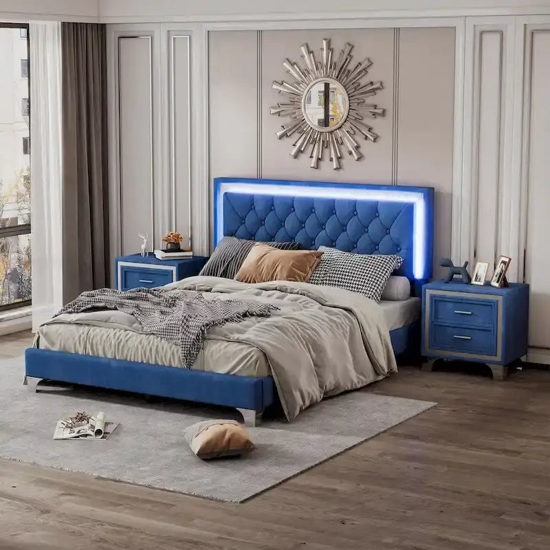 3-Pieces Bedroom Sets with Queen Size Upholstered Platform Bed and Two Nightstands