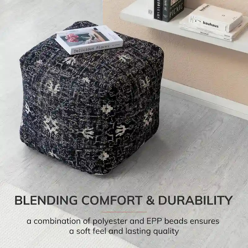 Jani Tamarindo 20 x 20 x 20 Square Black & White Pouf Ottoman - Handmade Footrest for Living Room, Nursery