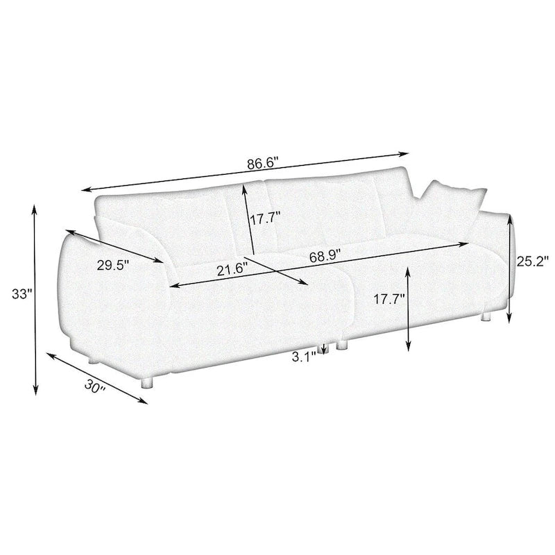 86.6 Modern Teddy Velvet Triple Sofa with 4 Pillows and Metal Legs