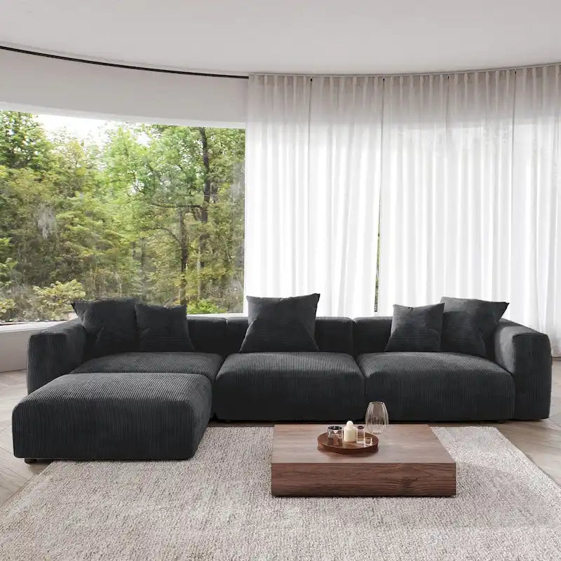 4-Piece L-Shape Sectional Sofa Corduroy Upholstered Couch with Ottoman