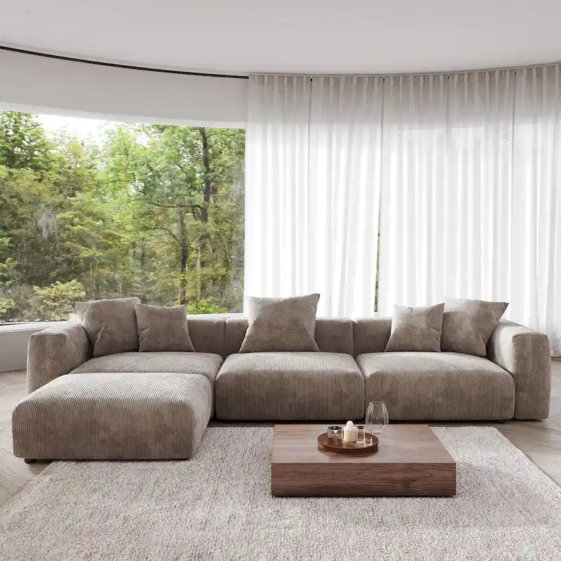 4-Piece L-Shape Sectional Sofa Corduroy Upholstered Couch with Ottoman