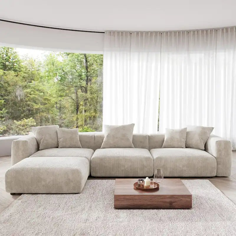 4-Piece L-Shape Sectional Sofa Corduroy Upholstered Couch with Ottoman