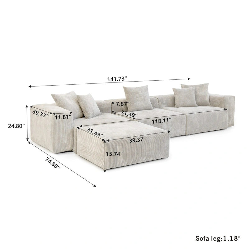 4-Piece L-Shape Sectional Sofa Corduroy Upholstered Couch with Ottoman