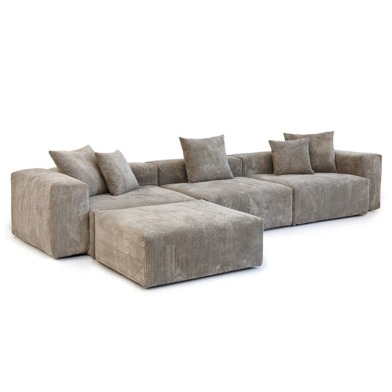 4-Piece L-Shape Sectional Sofa Corduroy Upholstered Couch with Ottoman