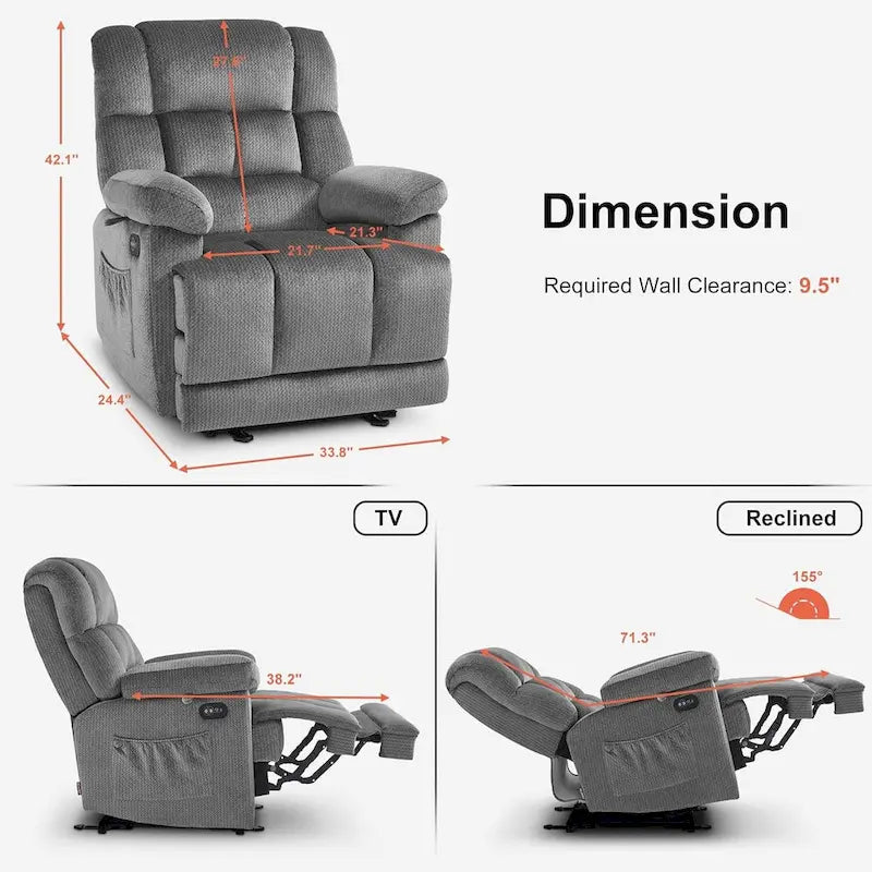 MCombo Electric Power Recliner Chair for Living Room with Heat and Massage, Fabric R6233