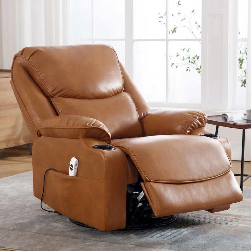 HOMYKA 34.2 Wide Faux Leather Swivel Rocking Power Recliner Chair With USB Port