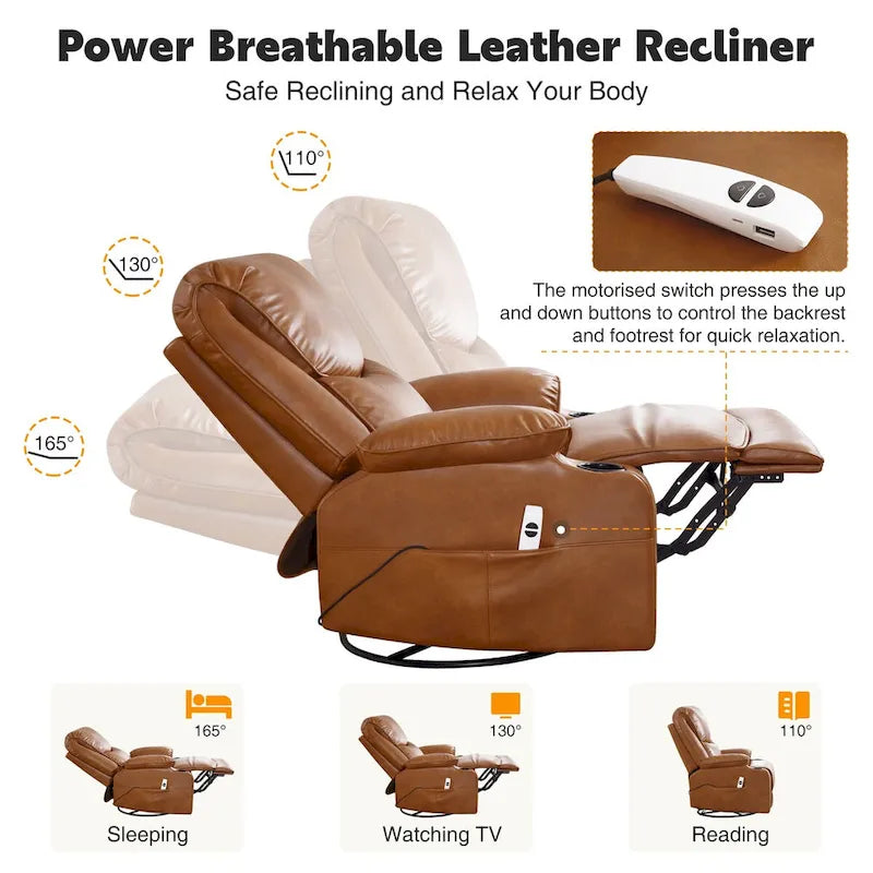 HOMYKA 34.2 Wide Faux Leather Swivel Rocking Power Recliner Chair With USB Port
