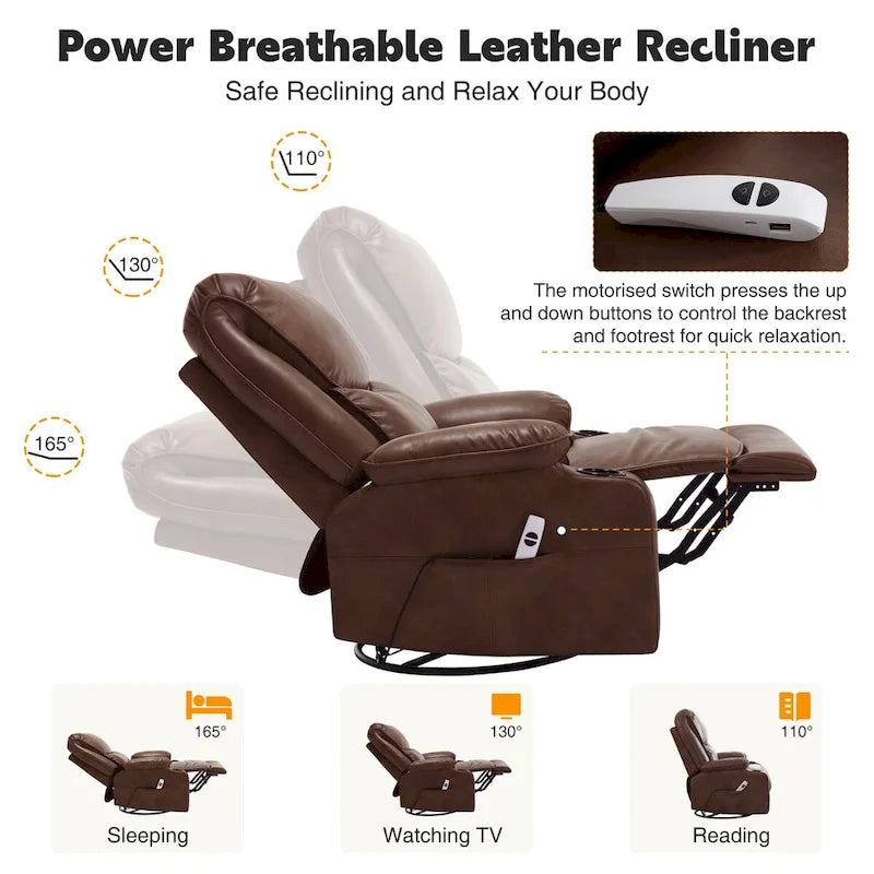 HOMYKA 34.2 Wide Faux Leather Swivel Rocking Power Recliner Chair With USB Port