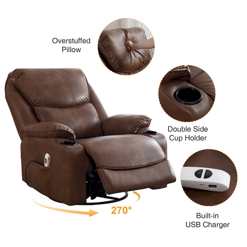 HOMYKA 34.2 Wide Faux Leather Swivel Rocking Power Recliner Chair With USB Port