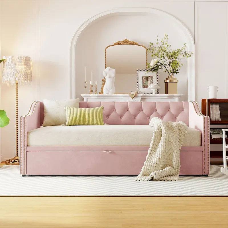 Twin Size Upholstered Sofa Bed with Trundle and Latest Integrated Bluetooth Audio System,Teddy Fleece