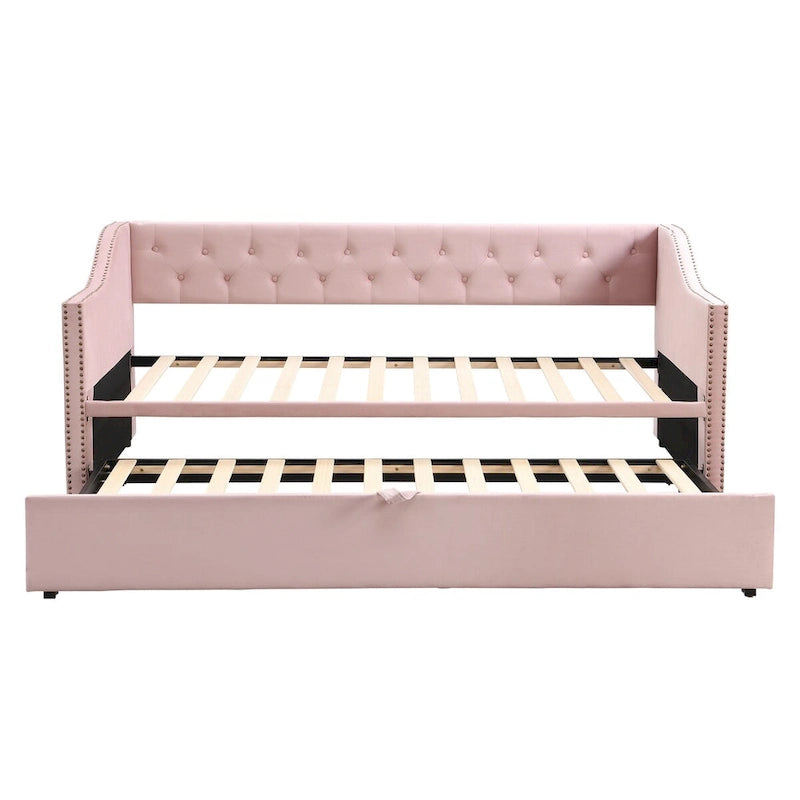 Twin Size Upholstered Sofa Bed with Trundle and Latest Integrated Bluetooth Audio System,Teddy Fleece