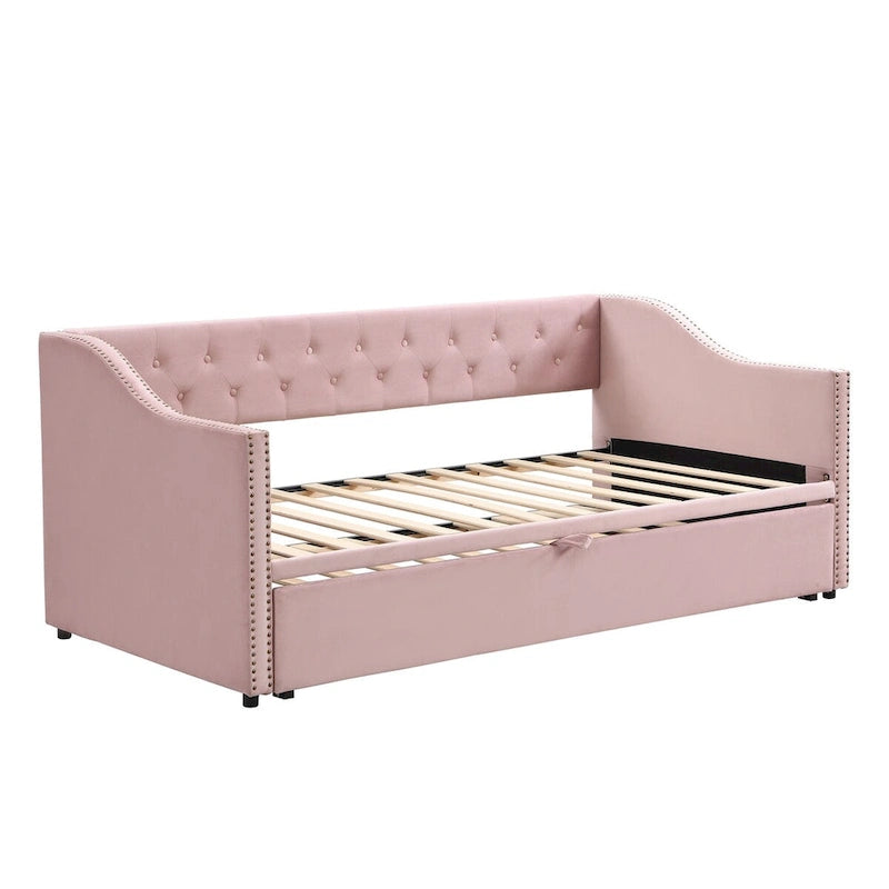 Twin Size Upholstered Sofa Bed with Trundle and Latest Integrated Bluetooth Audio System,Teddy Fleece