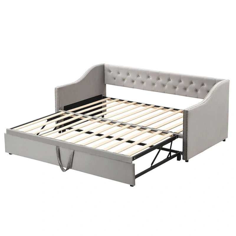 Twin Size Upholstered Sofa Bed with Trundle and Latest Integrated Bluetooth Audio System,Teddy Fleece
