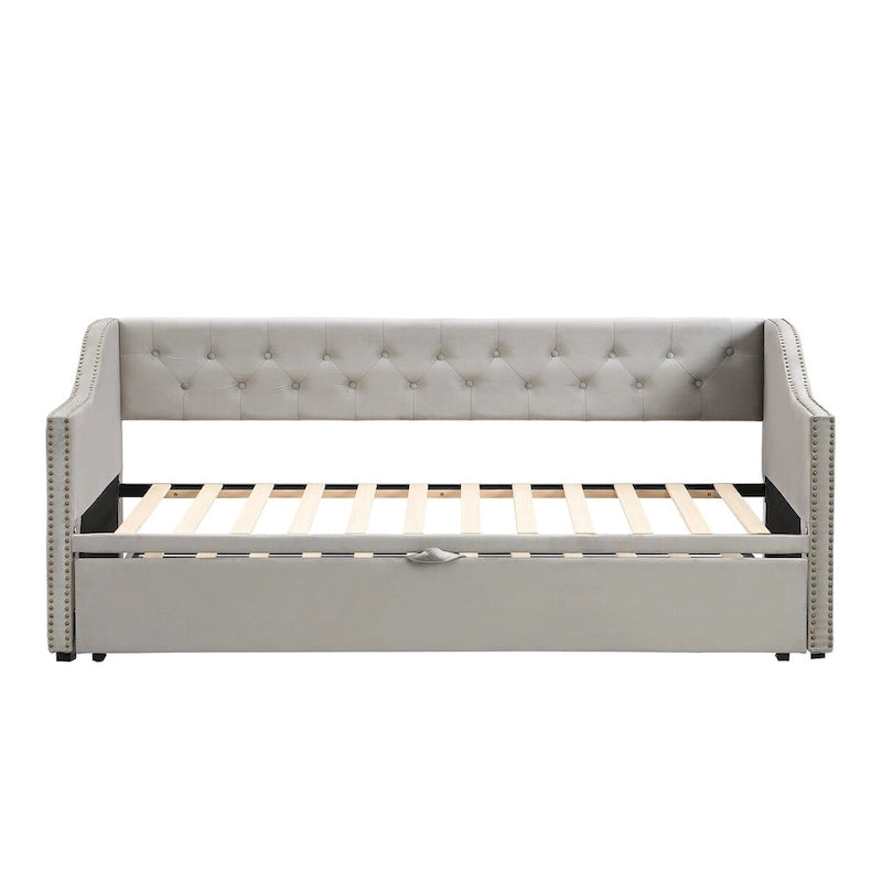 Twin Size Upholstered Sofa Bed with Trundle and Latest Integrated Bluetooth Audio System,Teddy Fleece