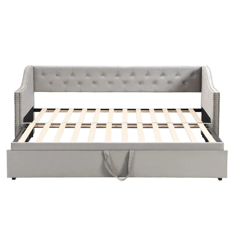 Twin Size Upholstered Sofa Bed with Trundle and Latest Integrated Bluetooth Audio System,Teddy Fleece
