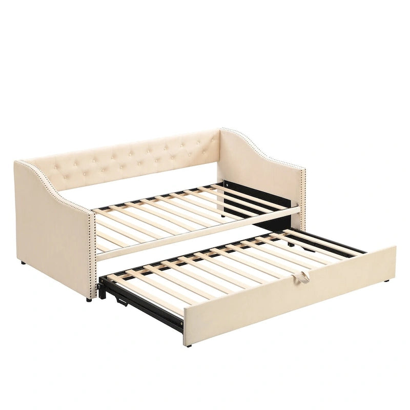 Twin Size Upholstered Sofa Bed with Trundle and Latest Integrated Bluetooth Audio System,Teddy Fleece