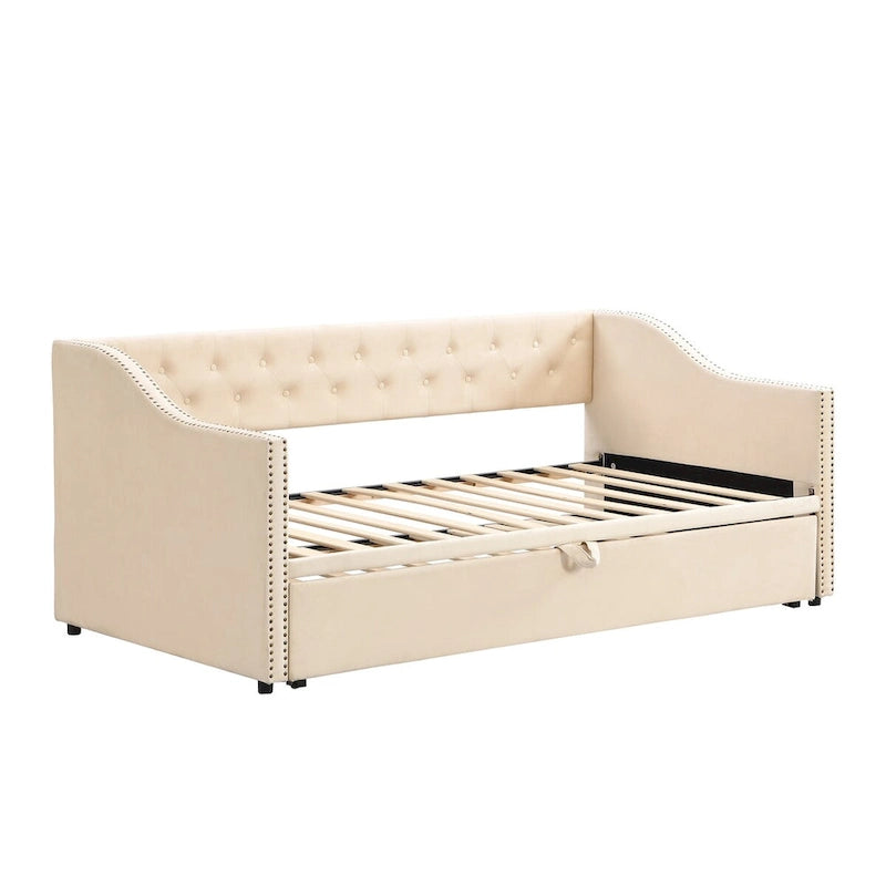 Twin Size Upholstered Sofa Bed with Trundle and Latest Integrated Bluetooth Audio System,Teddy Fleece